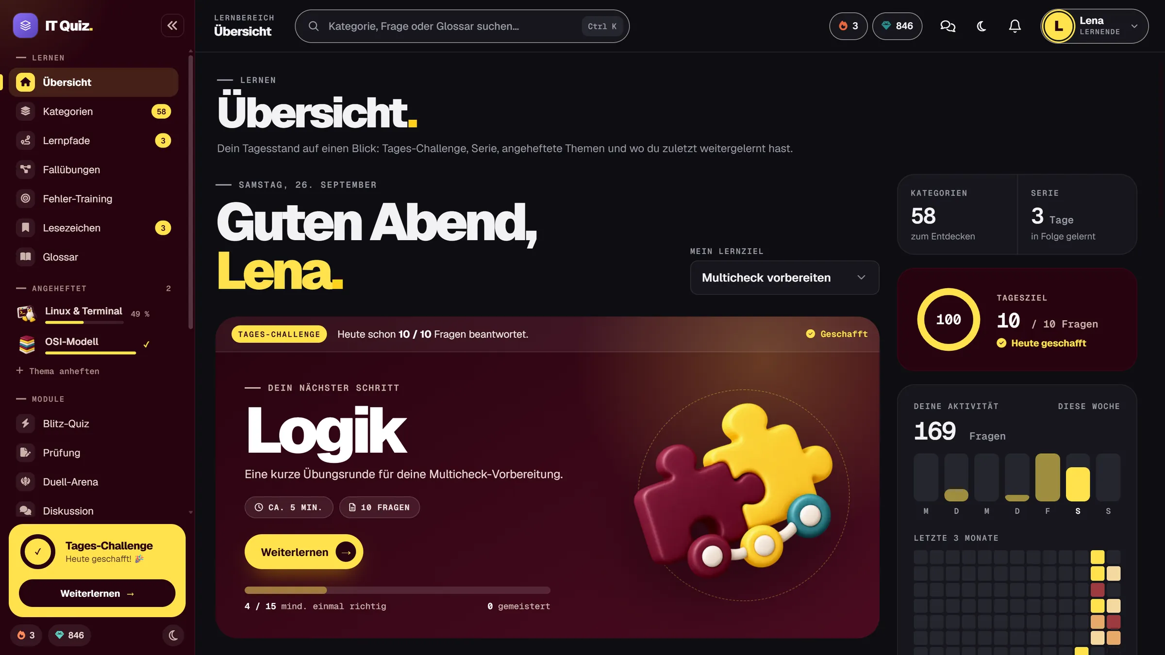 Übersicht im Lernbereich von IT Quiz